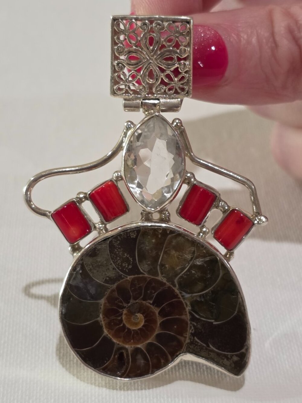 Vintage Ammonite Shell Red Coral Clear Gemstone Handmade Sterling Silver Pendant